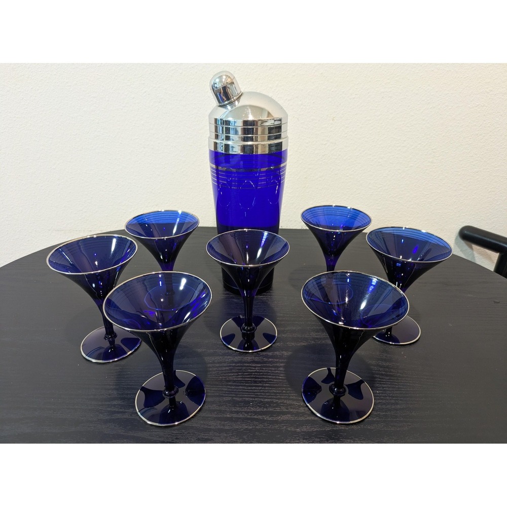 Vintage Cobalt Blue Martini Glasses Set 7 Shaker Art Deco Striped Unmarked 30s